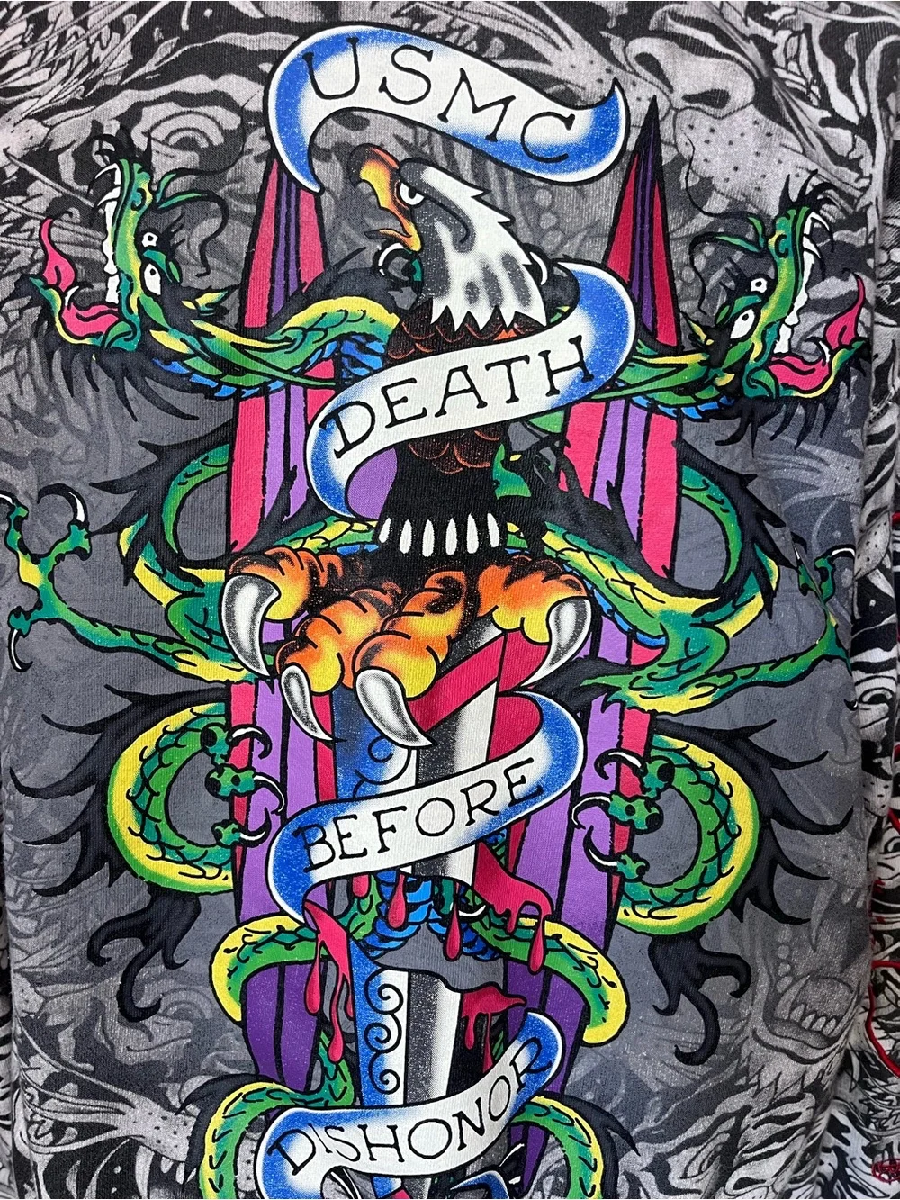 Ed Hardy Y2K Vintage USMC Death Before Dishonor Eagle All Over Print Hoodie LRG